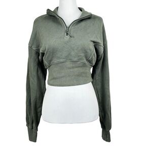 OFFLINE By Aerie Throwback Corset Cropped Olive Green Sweatshirt 1/4 Zip Top